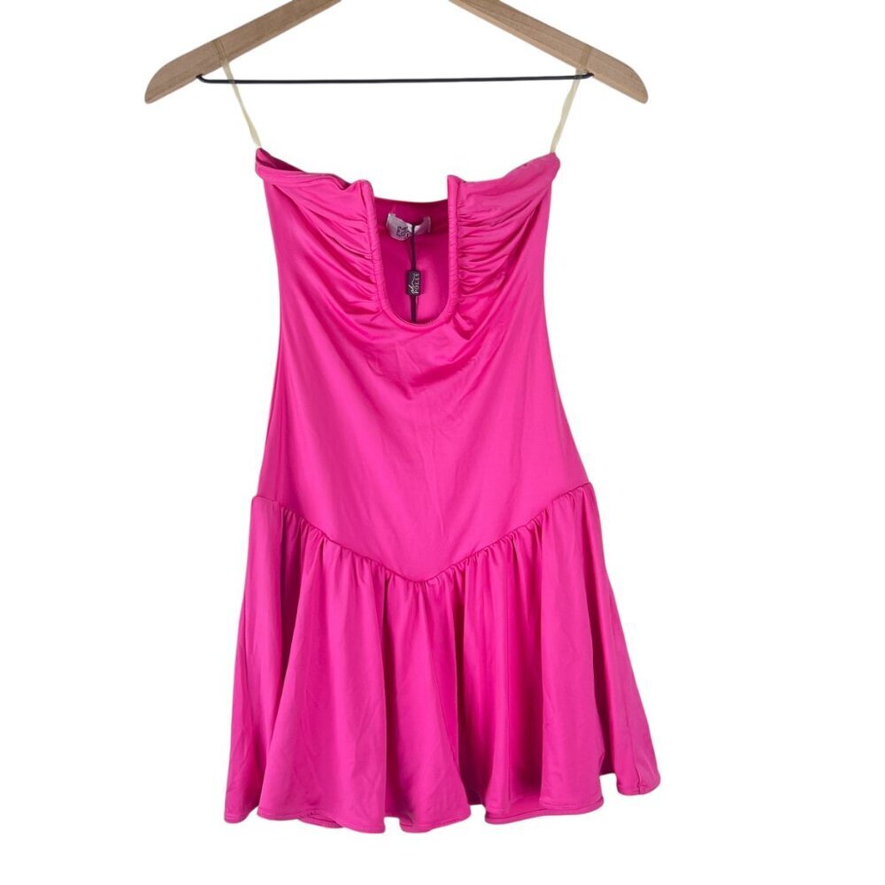 NWT Oh Polly Pink Zosia Slinky Jersey Strapless Plunge Neck Mini Dress - Picture 2 of 7